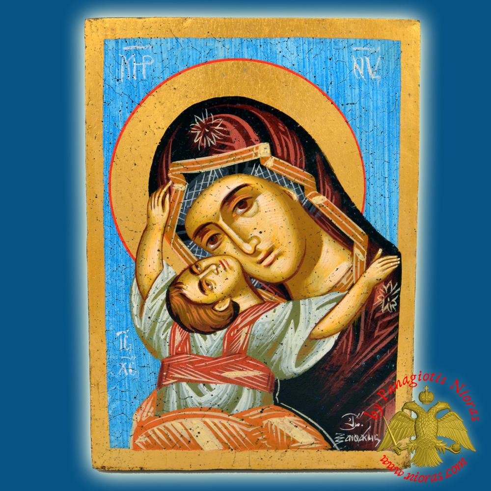Orthodox Hand Painted Holy Icon Theotokos Sweet Kissing 18x25cm Blue BackGround on Old Natural Wood